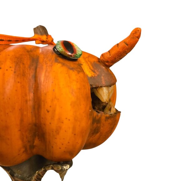 Halloween JOL Pumpkin OOAK Creepy Sculpture Jack O Lantern Teeth Assemblage Art - Picture 9 of 16